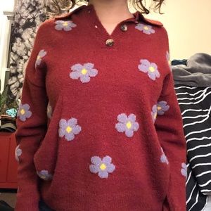 Forever 21 Red sweater with purple/yellow flowers! Size S.